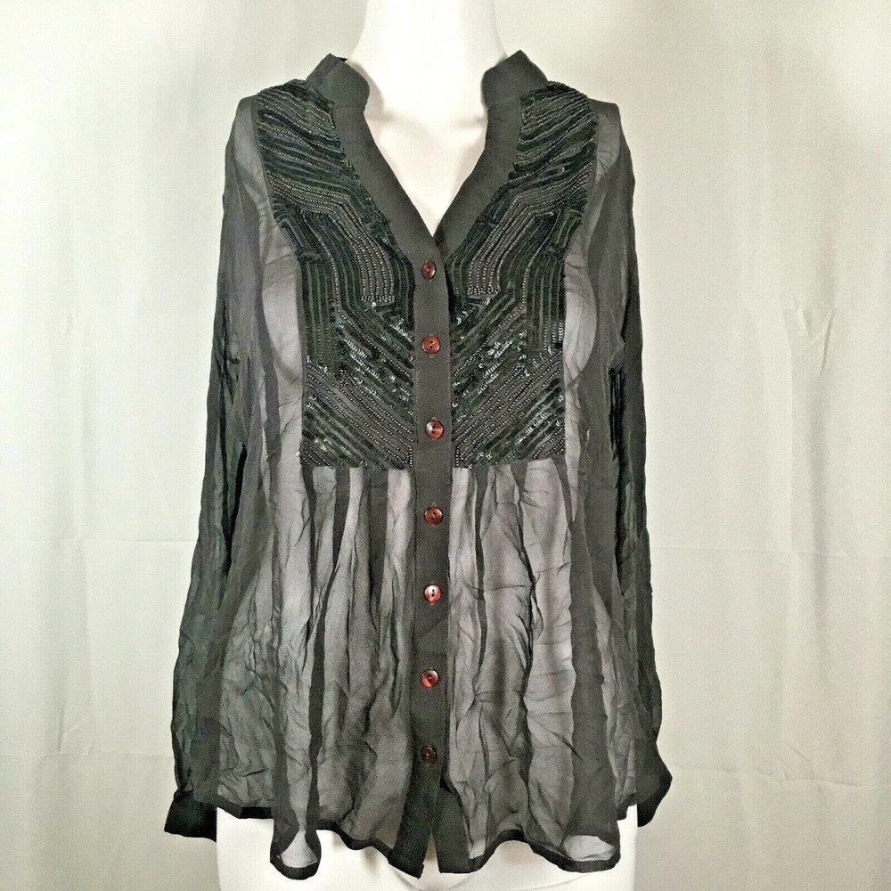 Kay Celine Shirt Womens‎ S Black Semi Sheer Silk Button Front Blouse Sequins Top